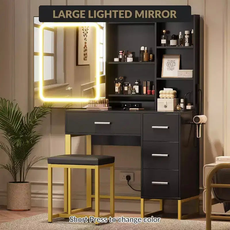 COZONY Coiffeuse avec Miroir Coulissant, Kit de Maquillage Lumineux, 4 Tiroirs, Tabouret, Éclairage Réglable