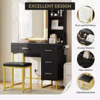 COZONY Coiffeuse avec Miroir Coulissant, Kit de Maquillage Lumineux, 4 Tiroirs, Tabouret, Éclairage Réglable
