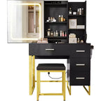 COZONY Coiffeuse avec Miroir Coulissant, Kit de Maquillage Lumineux, 4 Tiroirs, Tabouret, Éclairage Réglable