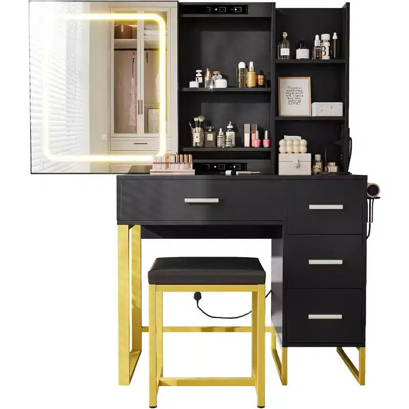 COZONY Coiffeuse avec Miroir Coulissant, Kit de Maquillage Lumineux, 4 Tiroirs, Tabouret, Éclairage Réglable