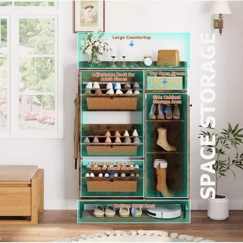 Shoe Storage Cabinet with 3 Flip-Down Drawers & 4 Adjustable Shelves, Space-Saving Organizer for Entryway & Front Door