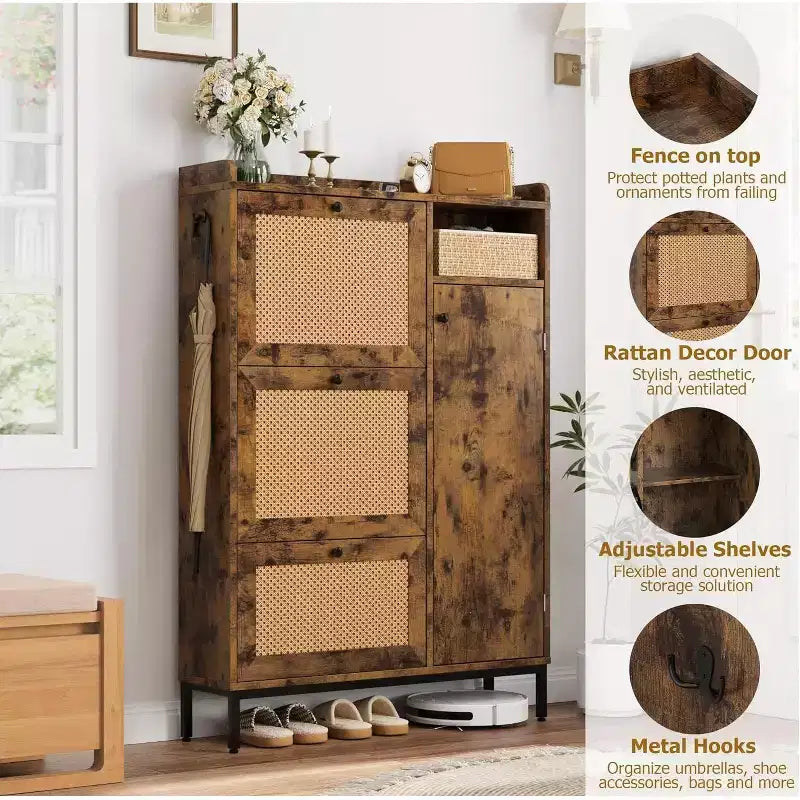 Shoe Storage Cabinet with 3 Flip-Down Drawers & 4 Adjustable Shelves, Space-Saving Organizer for Entryway & Front Door