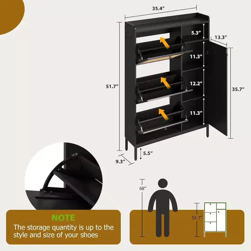 Shoe Storage Cabinet with 3 Flip-Down Drawers & 4 Adjustable Shelves, Space-Saving Organizer for Entryway & Front Door