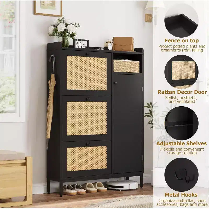 Shoe Storage Cabinet with 3 Flip-Down Drawers & 4 Adjustable Shelves, Space-Saving Organizer for Entryway & Front Door