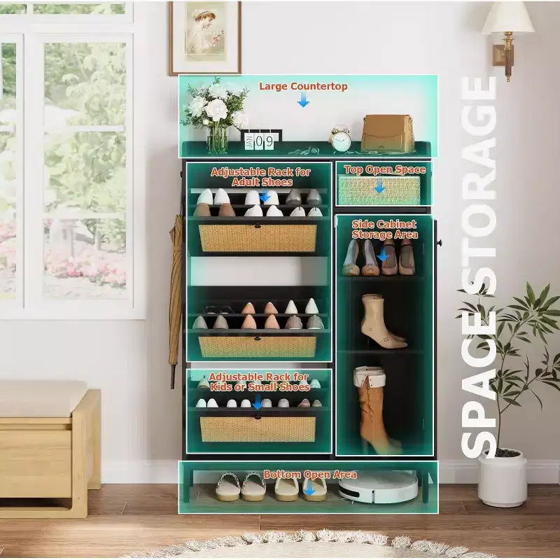 Shoe Storage Cabinet with 3 Flip-Down Drawers & 4 Adjustable Shelves, Space-Saving Organizer for Entryway & Front Door