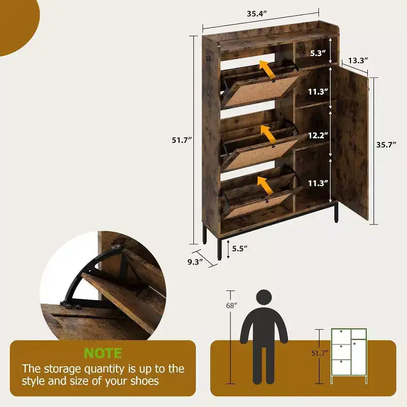 Shoe Storage Cabinet with 3 Flip-Down Drawers & 4 Adjustable Shelves, Space-Saving Organizer for Entryway & Front Door