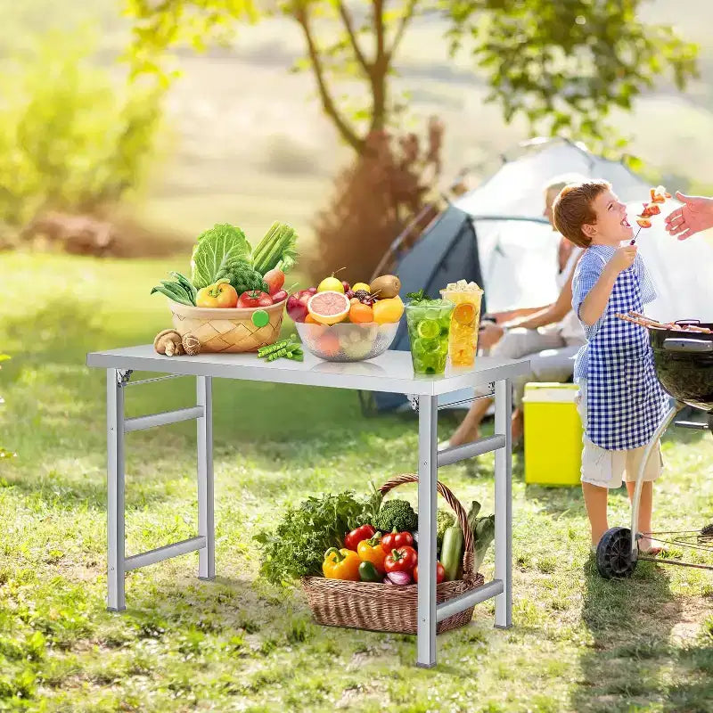 Table pliante en acier inoxydable – Établi pliant commercial de 235 kg avec base et pieds réglables pour cuisine à domicile, restaurant, garage, entrepôt