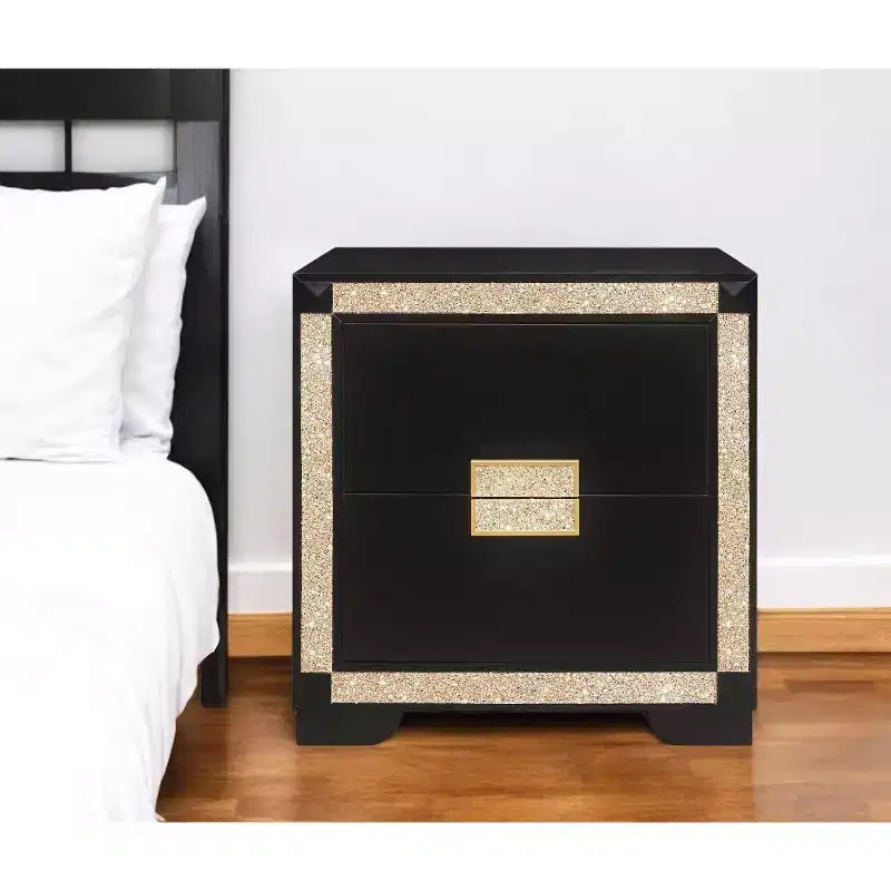 Table de chevet en bois HomeRoots 26, noir et or, deux tiroirs, effet cristal bling