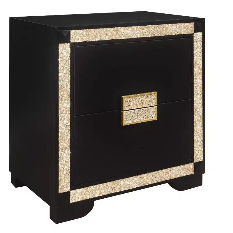 Table de chevet en bois HomeRoots 26, noir et or, deux tiroirs, effet cristal bling