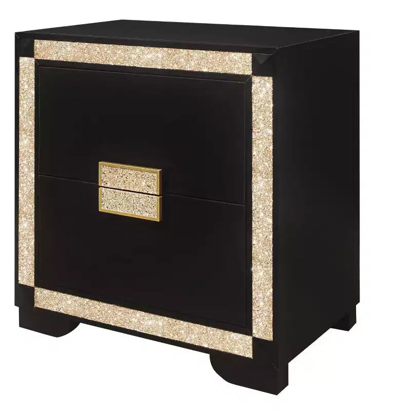 Table de chevet en bois HomeRoots 26, noir et or, deux tiroirs, effet cristal bling