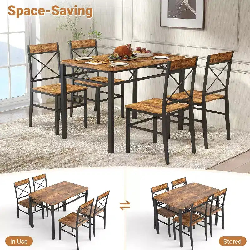 Zevemomo 5-Piece Dining Table Set, Dining Table Set for 4, , with 4 Curved Backrest Chairs, Compact Dining Set for Small Spaces & Kitchen-Brown