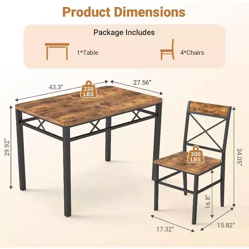 Zevemomo 5-Piece Dining Table Set, Dining Table Set for 4, , with 4 Curved Backrest Chairs, Compact Dining Set for Small Spaces & Kitchen-Brown