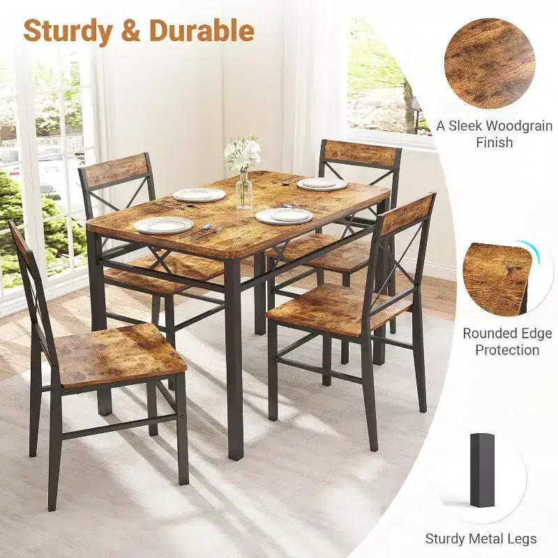 Zevemomo 5-Piece Dining Table Set, Dining Table Set for 4, , with 4 Curved Backrest Chairs, Compact Dining Set for Small Spaces & Kitchen-Brown