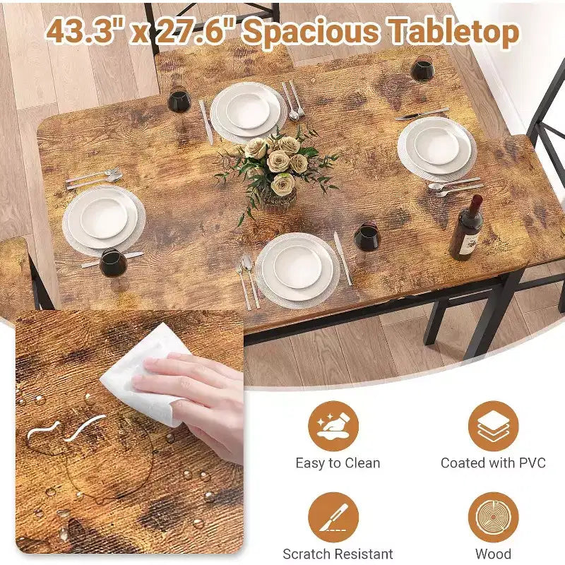 Zevemomo 5-Piece Dining Table Set, Dining Table Set for 4, , with 4 Curved Backrest Chairs, Compact Dining Set for Small Spaces & Kitchen-Brown