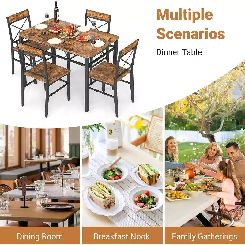 Zevemomo 5-Piece Dining Table Set, Dining Table Set for 4, , with 4 Curved Backrest Chairs, Compact Dining Set for Small Spaces & Kitchen-Brown