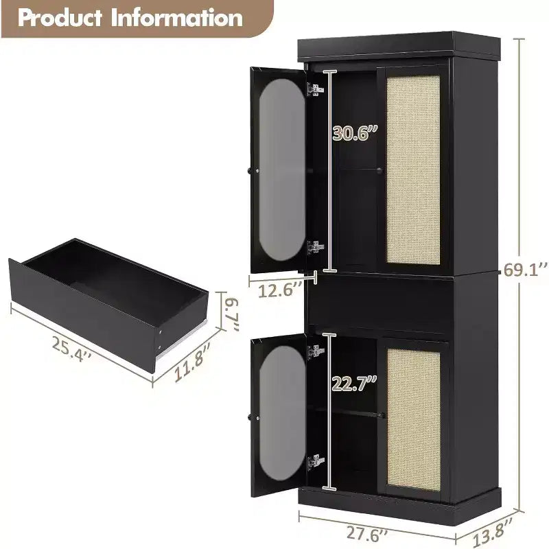 Meuble de rangement pour cuisine de 175 cm de haut avec étagères réglables, armoire autoportante avec tiroir pour salle de bain, salle à manger, salon, noir