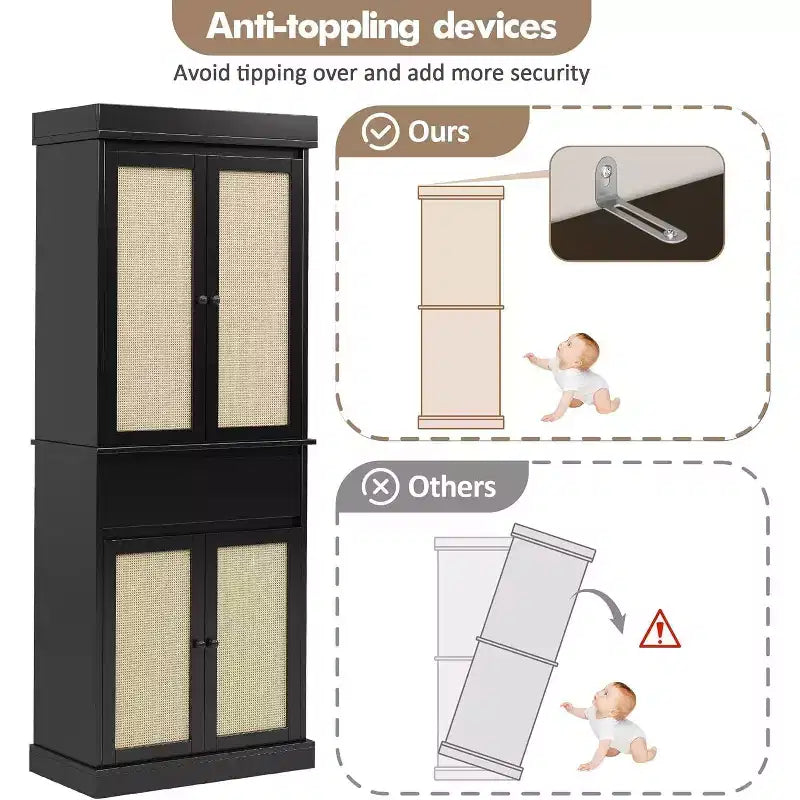 Meuble de rangement pour cuisine de 175 cm de haut avec étagères réglables, armoire autoportante avec tiroir pour salle de bain, salle à manger, salon, noir