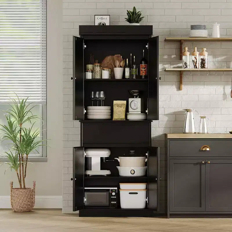 Meuble de rangement pour cuisine de 175 cm de haut avec étagères réglables, armoire autoportante avec tiroir pour salle de bain, salle à manger, salon, noir