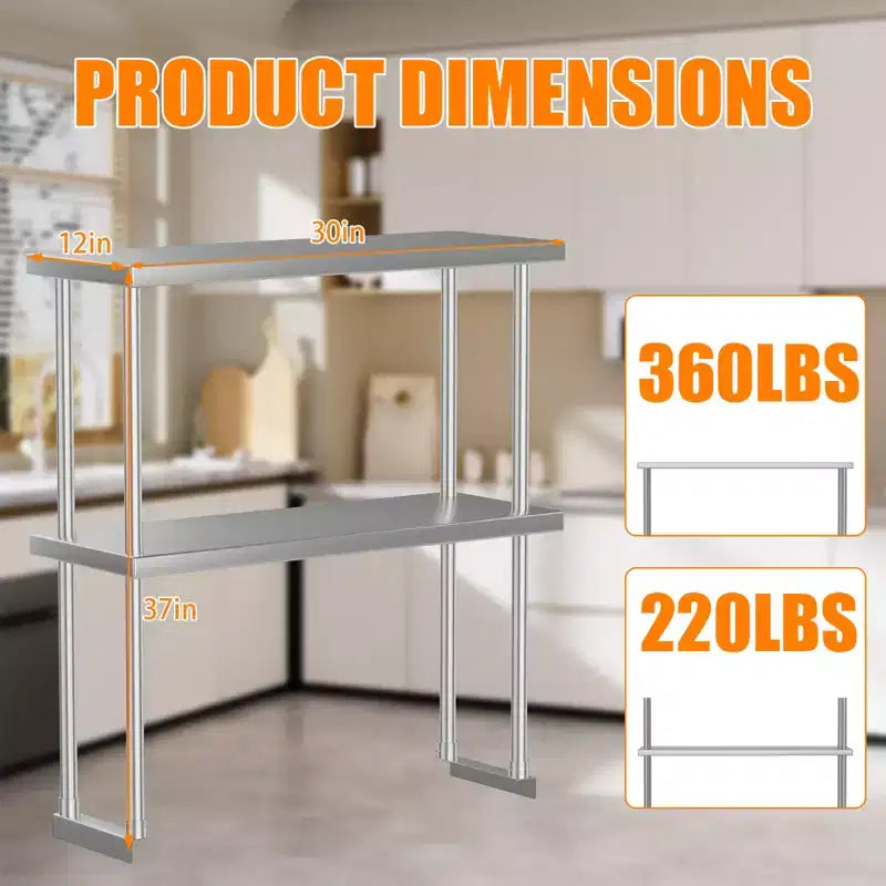 12x30 Stainless Steel Overshelf for Prep & Work Table, 360Lb Capacity 2 Tier Worktable Shelf, Adjustable Double Overshelf for Restaurant, Kitchen