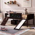 Bellemave Twin Low Loft Bed with Slide, Climbing Frame & Chalkboard, Kids Wood Loft Bed with 2 Storage Boxes, Espresso