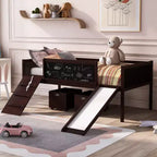 Bellemave Twin Low Loft Bed with Slide, Climbing Frame & Chalkboard, Kids Wood Loft Bed with 2 Storage Boxes, Espresso
