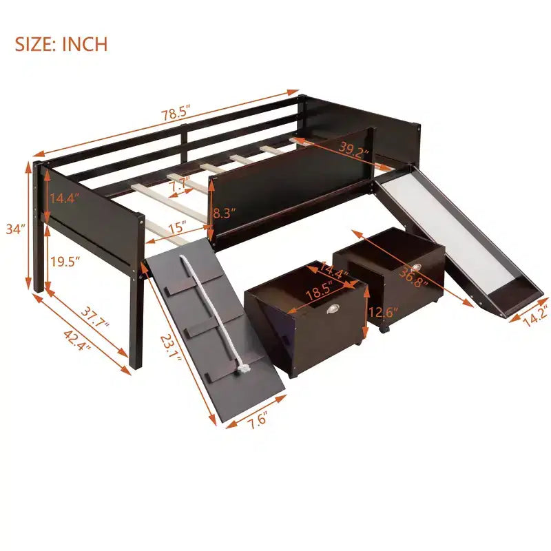 Lit mezzanine bas Bellemave avec toboggan, mur d'escalade et tableau, lit mezzanine enfant en bois avec 2 boîtes de rangement, expresso