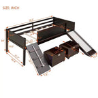 Lit mezzanine bas Bellemave avec toboggan, mur d'escalade et tableau, lit mezzanine enfant en bois avec 2 boîtes de rangement, expresso