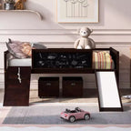 Lit mezzanine bas Bellemave avec toboggan, mur d'escalade et tableau, lit mezzanine enfant en bois avec 2 boîtes de rangement, expresso