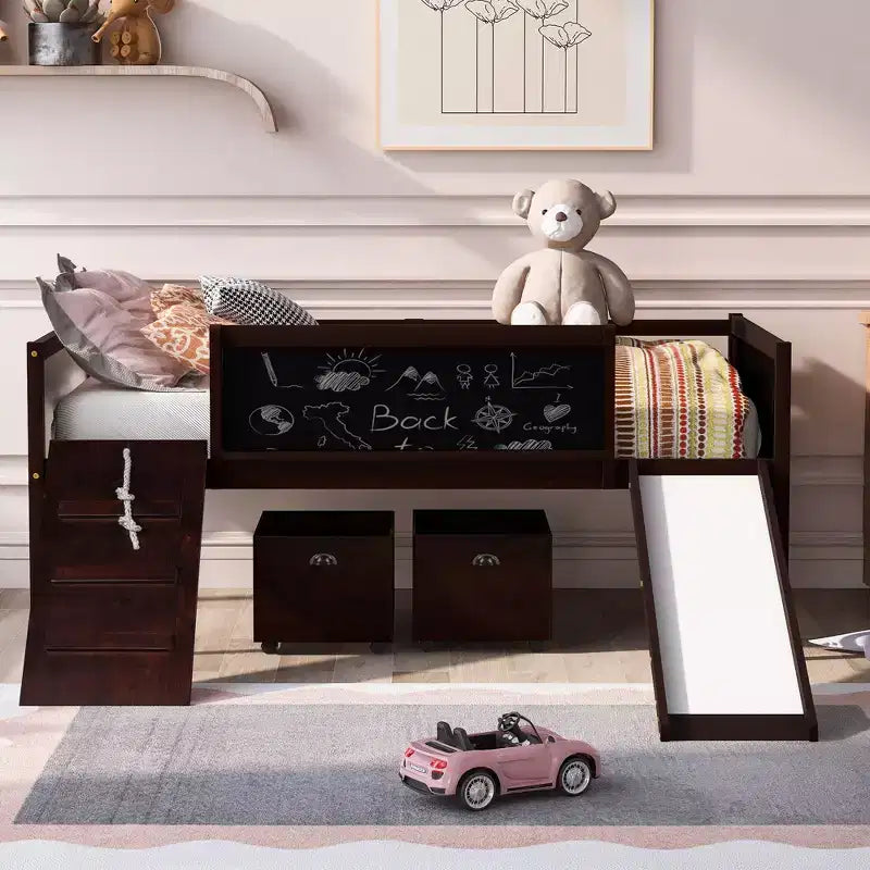 Lit mezzanine bas Bellemave avec toboggan, mur d'escalade et tableau, lit mezzanine enfant en bois avec 2 boîtes de rangement, expresso