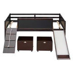 Lit mezzanine bas Bellemave avec toboggan, mur d'escalade et tableau, lit mezzanine enfant en bois avec 2 boîtes de rangement, expresso