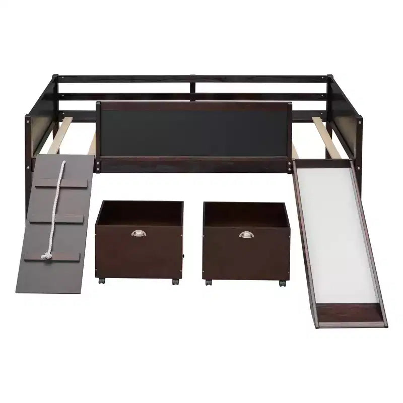 Lit mezzanine bas Bellemave avec toboggan, mur d'escalade et tableau, lit mezzanine enfant en bois avec 2 boîtes de rangement, expresso