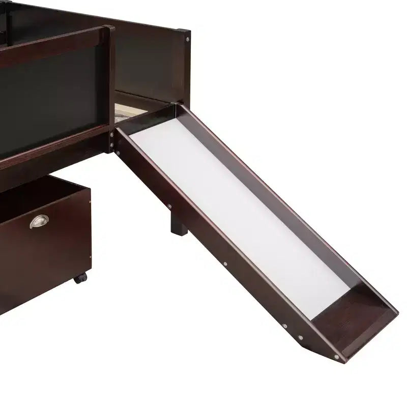 Lit mezzanine bas Bellemave avec toboggan, mur d'escalade et tableau, lit mezzanine enfant en bois avec 2 boîtes de rangement, expresso