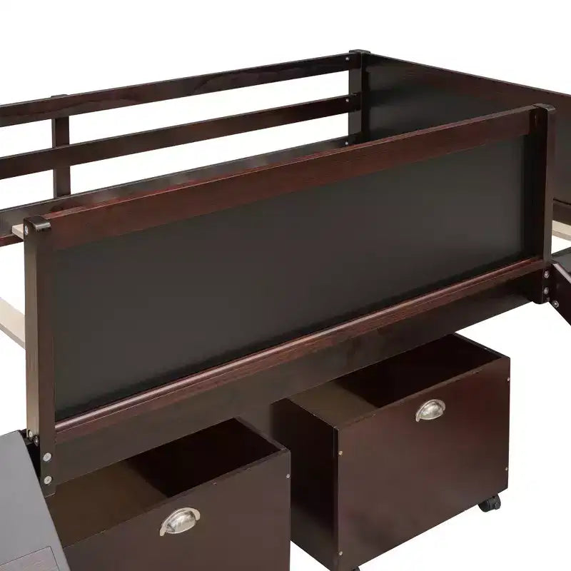 Lit mezzanine bas Bellemave avec toboggan, mur d'escalade et tableau, lit mezzanine enfant en bois avec 2 boîtes de rangement, expresso