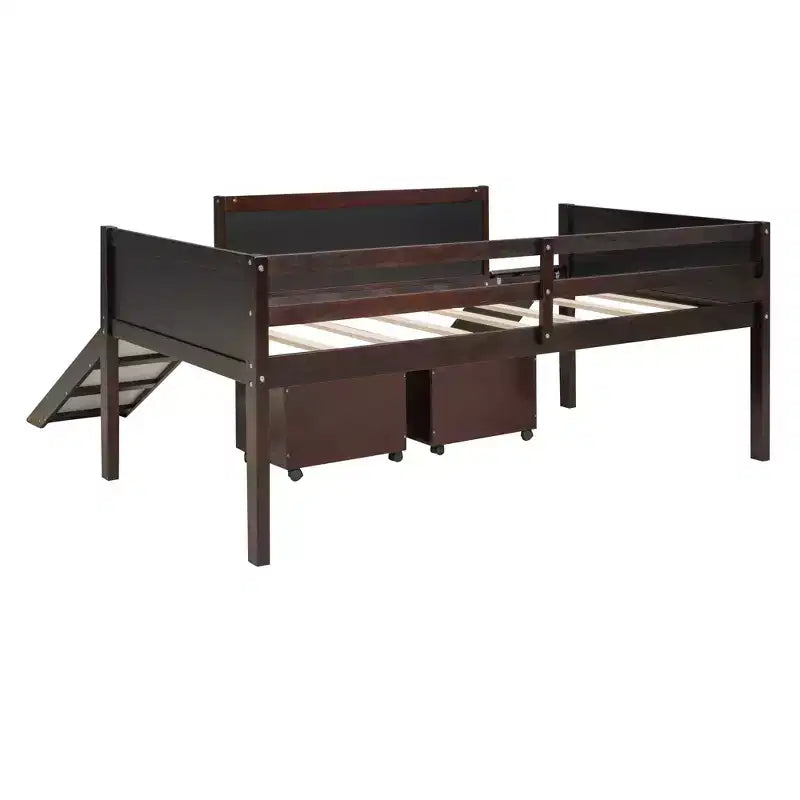 Lit mezzanine bas Bellemave avec toboggan, mur d'escalade et tableau, lit mezzanine enfant en bois avec 2 boîtes de rangement, expresso