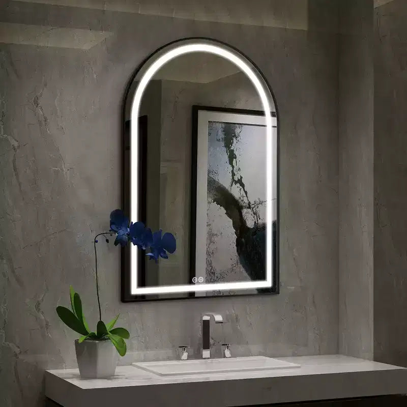 MAYEERTY Miroir de salle de bain en alliage d'aluminium arqué avec fonction désembuage encadré pour salle de bain noir