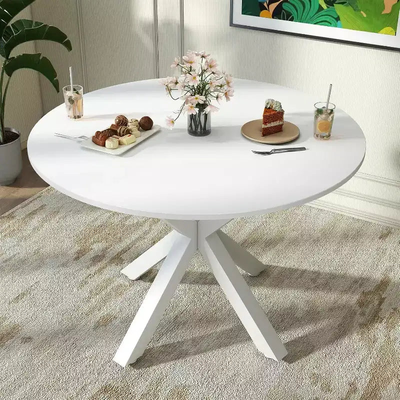 Zevemomo Round Dining Table,42Kitchen Dining Table for 4-6,Small Round Table with Metal Cross Legs,for Kitchen,Apartment,Living Room,White Marble
