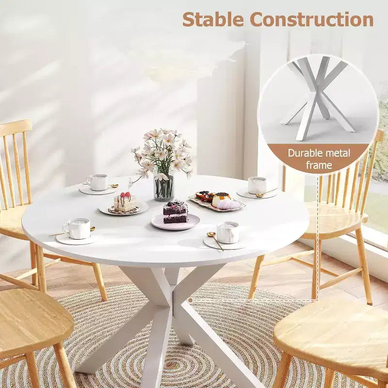 Table à manger ronde Zevemomo, table de salle à manger de 42 po pour 4 à 6 personnes, petite table ronde avec pieds croisés en métal, pour cuisine, appartement, salon, marbre blanc