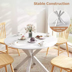Table à manger ronde Zevemomo, table de salle à manger de 42 po pour 4 à 6 personnes, petite table ronde avec pieds croisés en métal, pour cuisine, appartement, salon, marbre blanc
