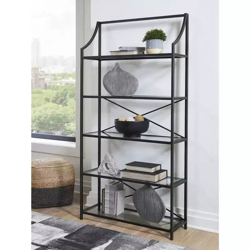 Dakerwell 72 Bibliothèque en verre avec cadre en métal – Meuble de rangement à 5 étagères, finition noir antique