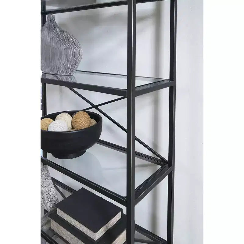 Dakerwell 72 Bibliothèque en verre avec cadre en métal – Meuble de rangement à 5 étagères, finition noir antique