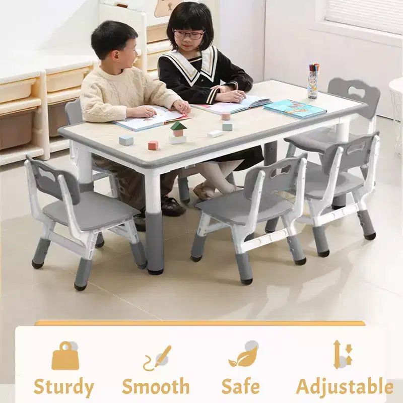 Table et 6 Chaises pour Enfants Réglables en Hauteur pour les 2-10 Ans, Supporte Jusqu'à 136 kg, Table Multi-Activités pour Enfants, pour Salles de Classe, Garderies, Maisons
