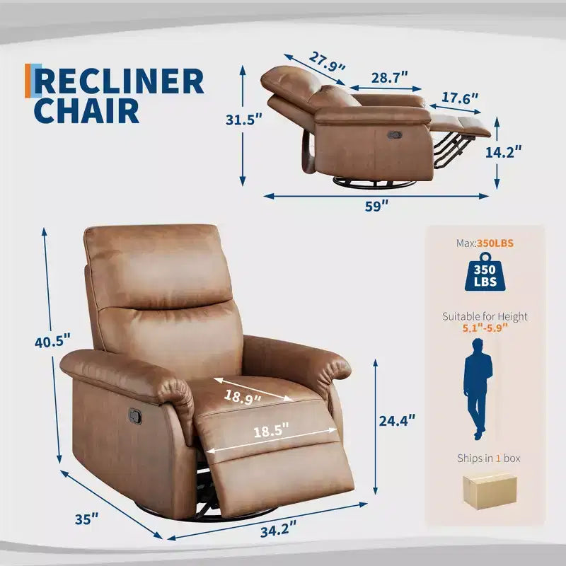 Swivel Rocking Recliner Chair, Manual Leather Recliner Glider with Lumbar Support & Padded Armrest, Comfortable Rocker Nursery Sofa for Living Room