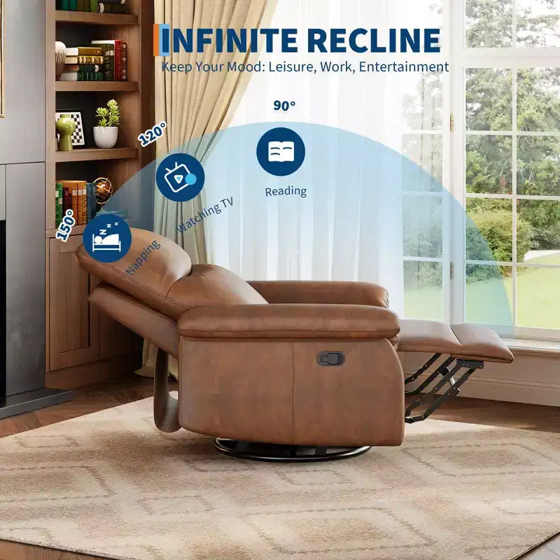 Swivel Rocking Recliner Chair, Manual Leather Recliner Glider with Lumbar Support & Padded Armrest, Comfortable Rocker Nursery Sofa for Living Room