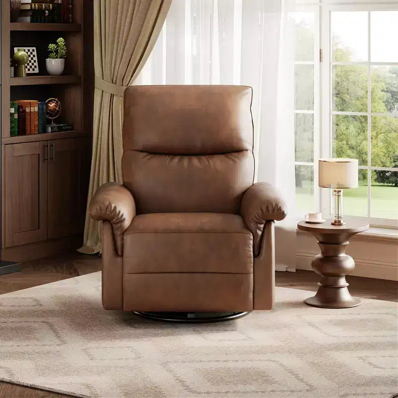 Swivel Rocking Recliner Chair, Manual Leather Recliner Glider with Lumbar Support & Padded Armrest, Comfortable Rocker Nursery Sofa for Living Room