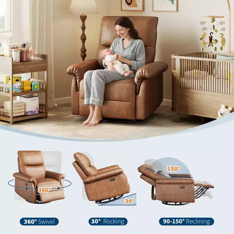 Swivel Rocking Recliner Chair, Manual Leather Recliner Glider with Lumbar Support & Padded Armrest, Comfortable Rocker Nursery Sofa for Living Room