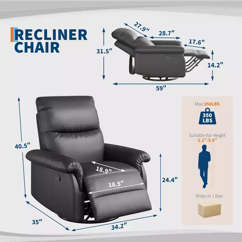 Swivel Rocking Recliner Chair, Manual Leather Recliner Glider with Lumbar Support & Padded Armrest, Comfortable Rocker Nursery Sofa for Living Room