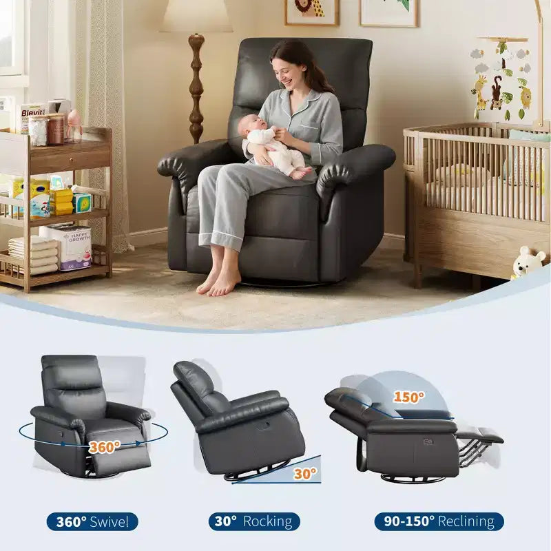 Swivel Rocking Recliner Chair, Manual Leather Recliner Glider with Lumbar Support & Padded Armrest, Comfortable Rocker Nursery Sofa for Living Room