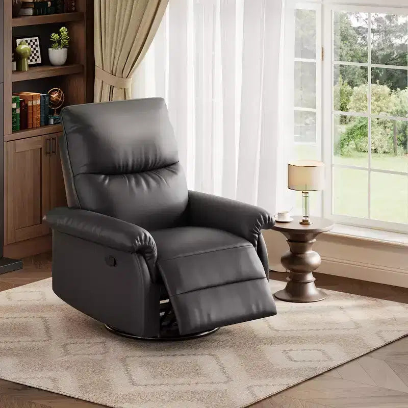 Swivel Rocking Recliner Chair, Manual Leather Recliner Glider with Lumbar Support & Padded Armrest, Comfortable Rocker Nursery Sofa for Living Room
