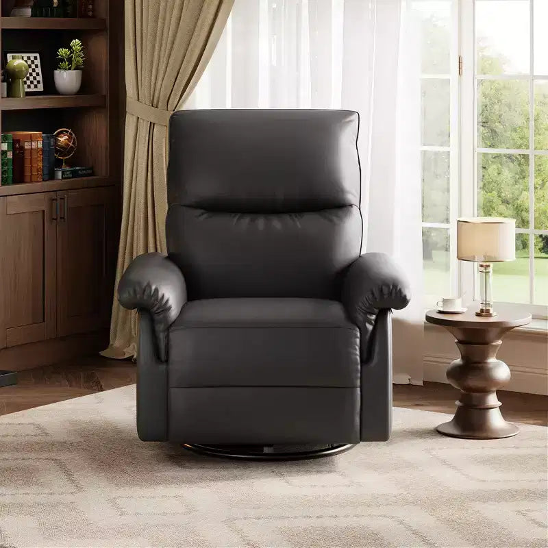 Swivel Rocking Recliner Chair, Manual Leather Recliner Glider with Lumbar Support & Padded Armrest, Comfortable Rocker Nursery Sofa for Living Room