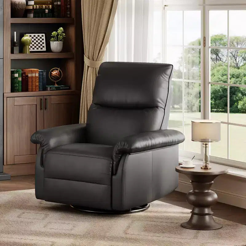 Swivel Rocking Recliner Chair, Manual Leather Recliner Glider with Lumbar Support & Padded Armrest, Comfortable Rocker Nursery Sofa for Living Room